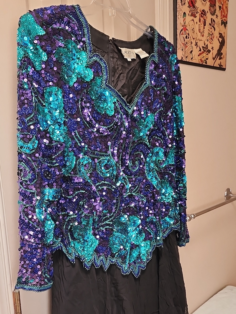Oleg Cassini Turquoise and Purple Sequin Long Sleeve Dress